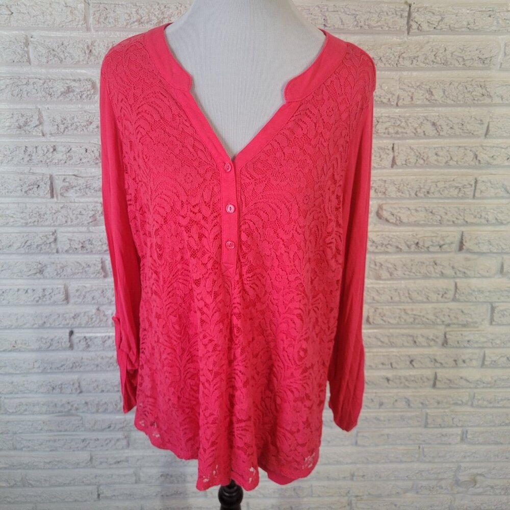 Apt 9 Women's 1X Top Pink Button Up Roll Tab Sleeve V-Neck Plus Rayon PIN43E